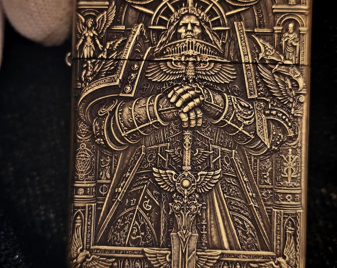 Emperor of Mankind 2 Face 3D Relief Engraved Brass Lighter Golden Throne Design Gift for Game Fans Boyfriend Birthday